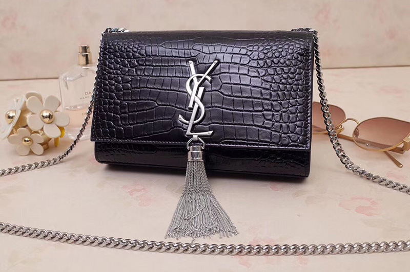 Saint Laurent 474366 Kate Small With Tassel Bags In Black Embossed Crocodile Shiny Leather Silver Hardware