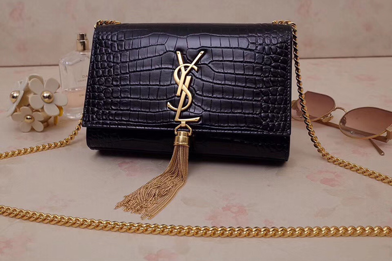 Saint Laurent 474366 Kate Small With Tassel Bags In Black Embossed Crocodile Shiny Leather Gold Hardware