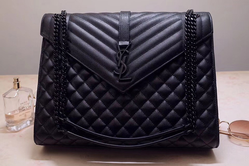 Saint Laurent YSL 487198 Envelope Large Bag In Black Mix Matelasse Grain De Poudre Embossed Leather Black Hardware