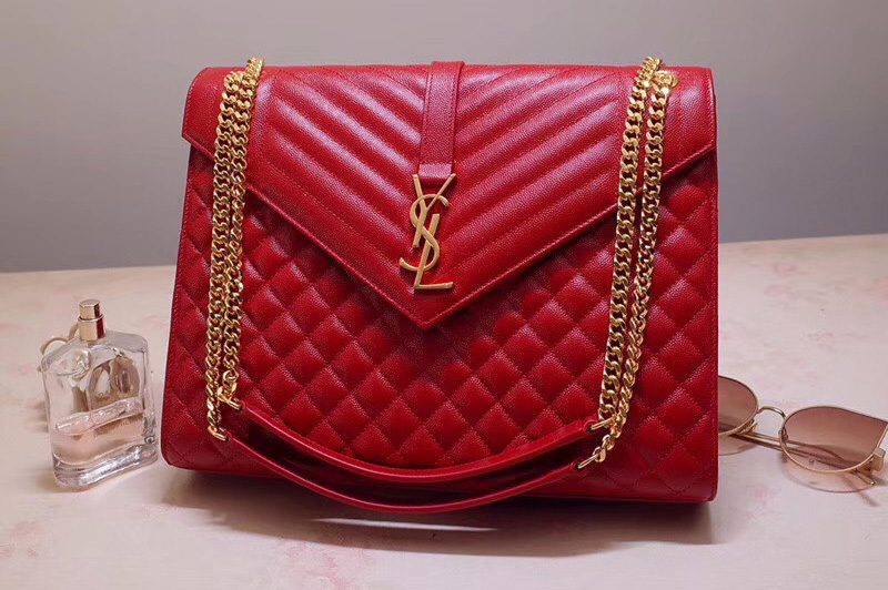Saint Laurent YSL 487198 Envelope Large Bag In Red Mix Matelasse Grain De Poudre Embossed Leather