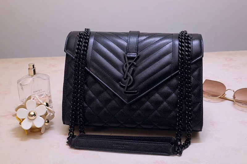 Saint Laurent YSL 487206 Envelope Medium Bag In Black Mix Matelasse Grain De Poudre Embossed Leather Black Hardware