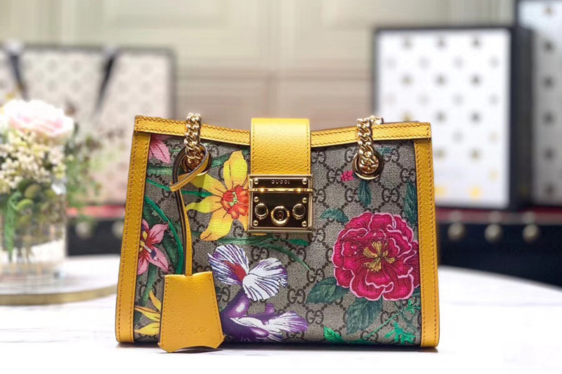 Gucci 498156 Padlock GG Flora small shoulder bags Beige/ebony GG Supreme canvas With Yellow leather