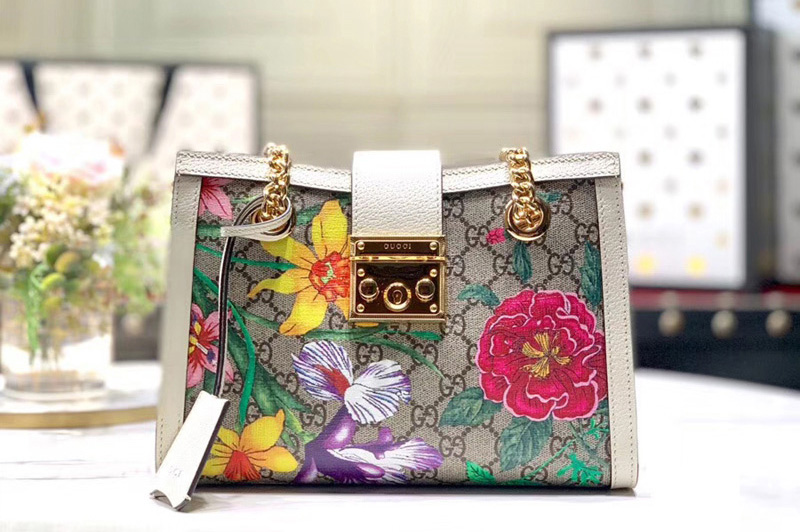 Gucci 498156 Padlock GG Flora small shoulder bags Beige/ebony GG Supreme canvas With White leather