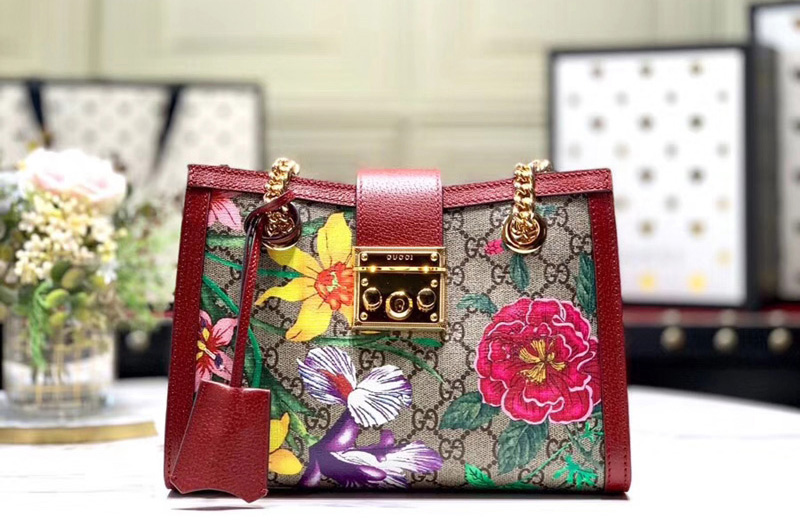 Gucci 498156 Padlock GG Flora small shoulder bags Beige/ebony GG Supreme canvas With Red leather