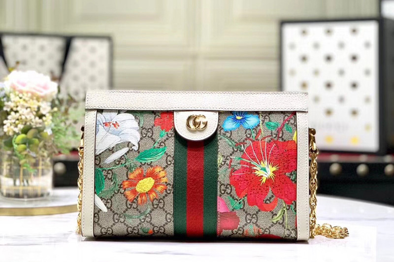 Gucci ‎503877 Ophidia GG Flora small shoulder bag Beige/ebony GG Supreme canvas with Flora print