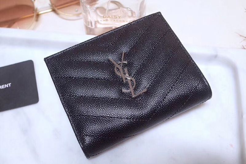 Saint Laurent YSL 517045 Monogram Zipped Card Case in Black Grain de Poudre Embossed Leather Silver YSL