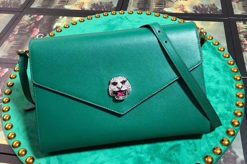 Gucci 527857 Feline Head With Crystals Medium Shoulder Bag Green Leather
