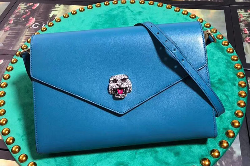 Gucci 527857 Feline Head With Crystals Medium Shoulder Bag Blue Leather