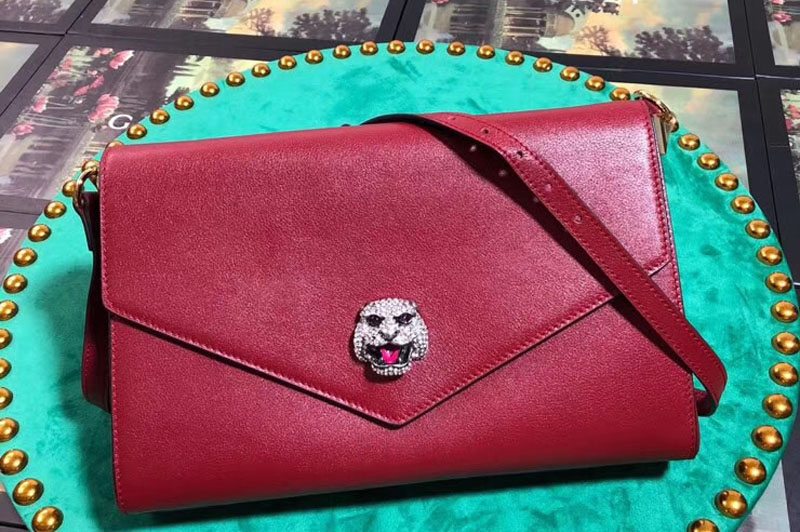 Gucci 527857 Feline Head With Crystals Medium Shoulder Bag Red Leather