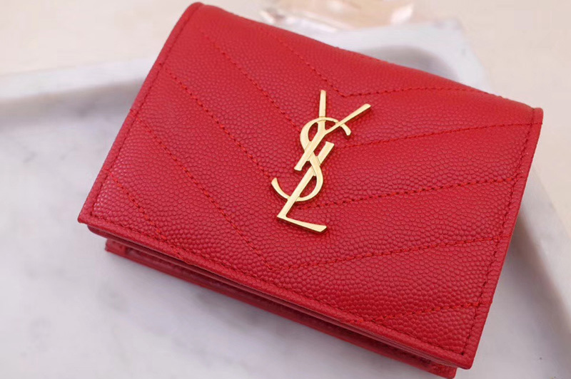 Saint Laurent YSL 530841 Monogram Card Case in Red Grain de Poudre Embossed Leather