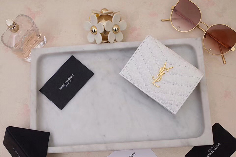 Saint Laurent YSL 530841 Monogram Card Case in White Grain de Poudre Embossed Leather