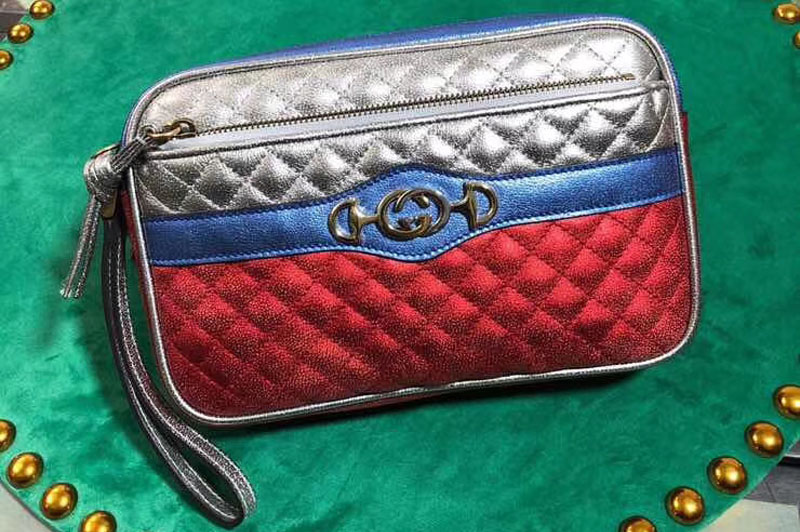 Gucci 540985 Laminated Leather Clutch Bag Silver and Red