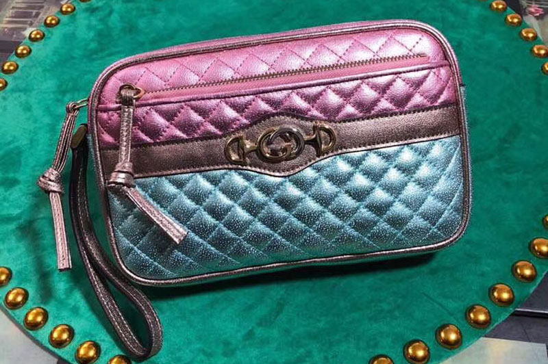 Gucci 540985 Laminated Leather Clutch Bag Green and Pink