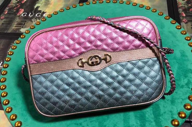 Gucci 541061 Laminated Leather Small Shoulder Bag Pink And Green