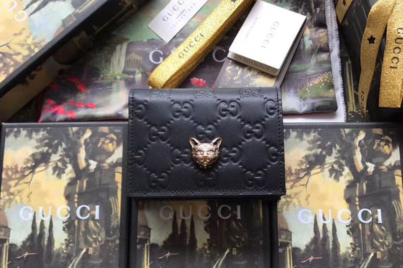 Gucci 548057 Signature card case with cat Black Leather