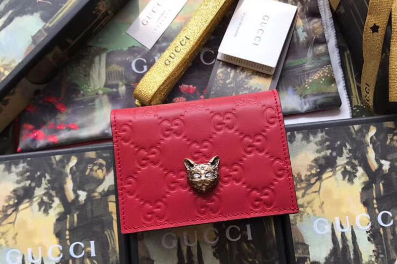 Gucci 548057 Signature card case with cat Red Leather