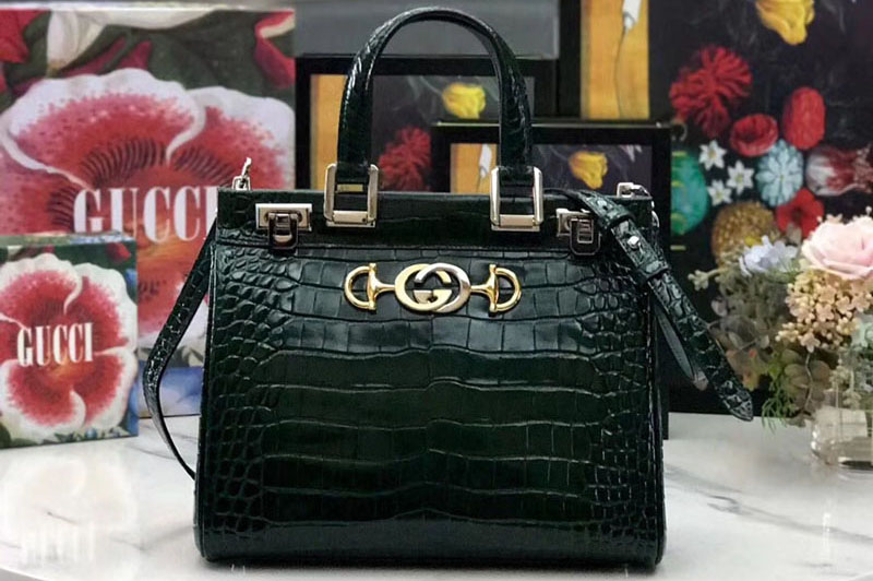 Gucci 569712 Zumi Leather small top handle bags Black Green Leather