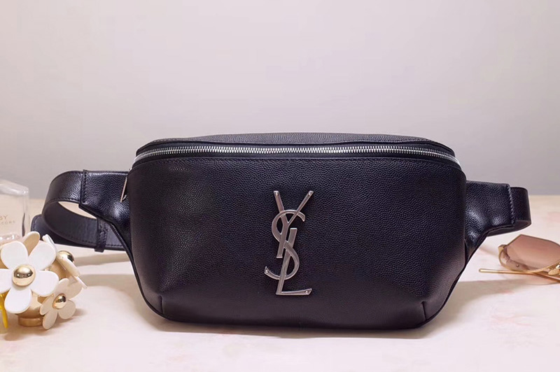 Saint Laurent YSL 569737 Classic Monogram Belt Bag in Black Lambskin Leather Silver Hardware