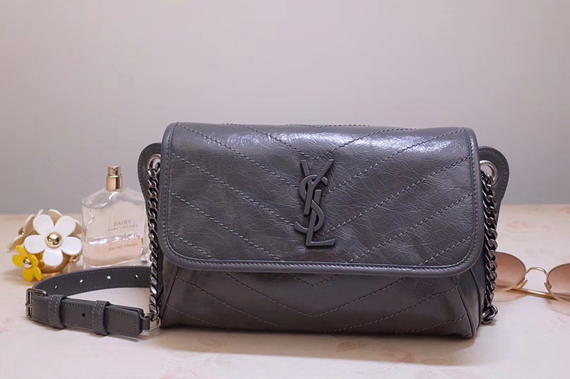 Saint Laurent YSL 577124 Niki Body Bag in Dark Gray Crinkled Vintage Leather