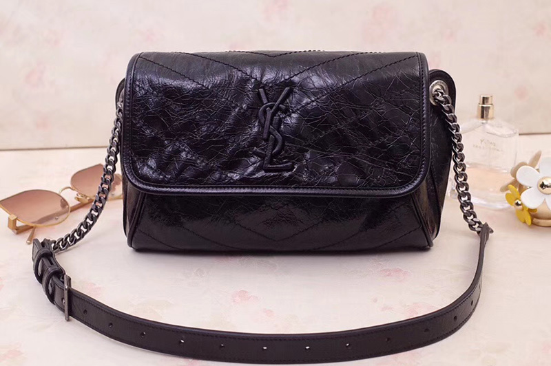 Saint Laurent YSL 577124 Niki Body Bag in Black Crinkled Vintage Leather