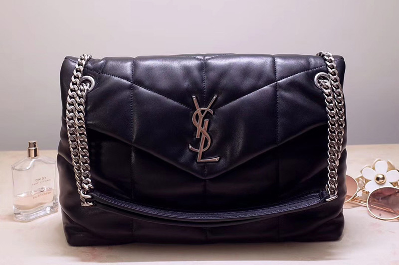 Saint Laurent YSL 577475 Loulou Puffer Medium Bag in Black Quilted Lambskin Leather Silver Hardware