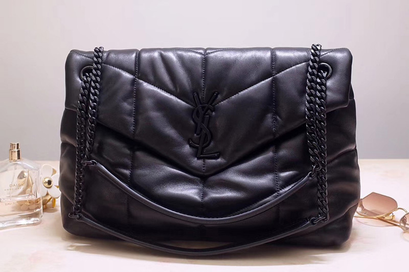 Saint Laurent YSL 577475 Loulou Puffer Medium Bag in Black Quilted Lambskin Leather Black Hardware