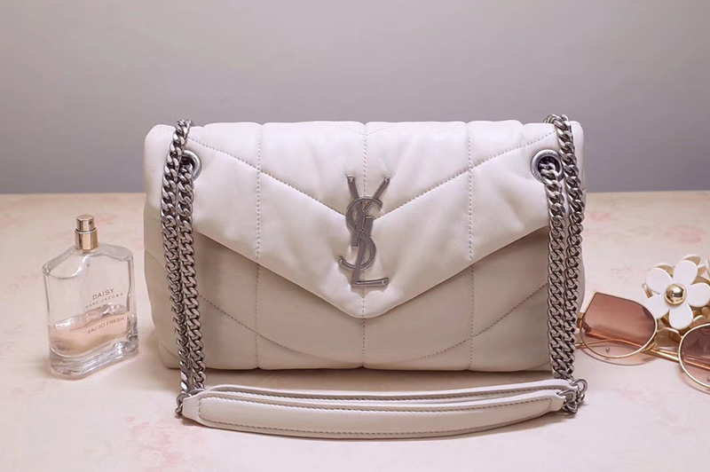 Saint Laurent YSL 577476 Loulou Small Medium Bag in White Quilted Lambskin Leather