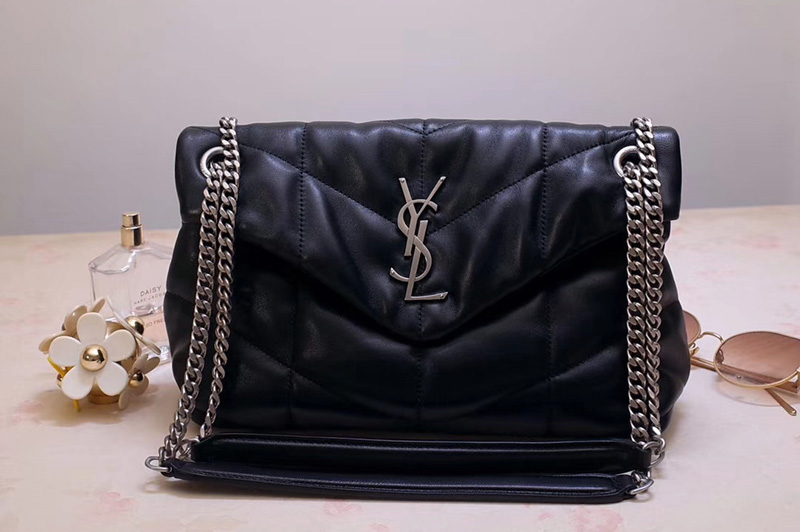 Saint Laurent YSL 577476 Loulou Small Medium Bag in Black Quilted Lambskin Leather Silver Hardware