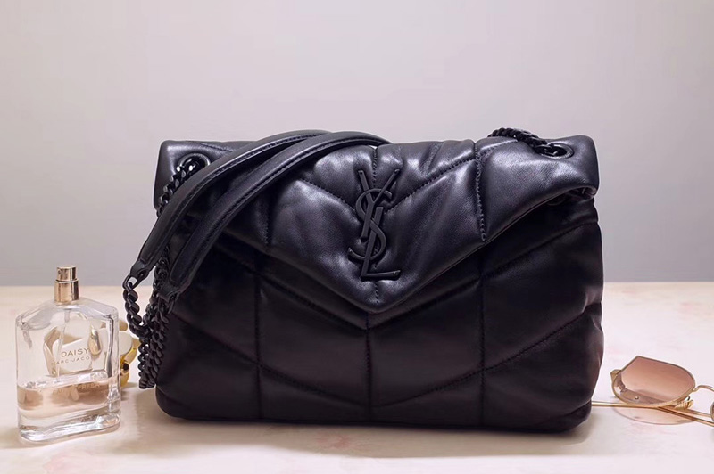 Saint Laurent YSL 577476 Loulou Small Medium Bag in Black Quilted Lambskin Leather Black Hardware