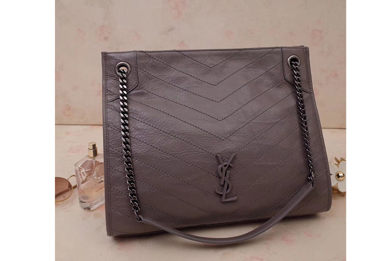 Saint Laurent YSL 577999 Niki Medium Shopping Bag in Gray Crinkled Vintage Leather