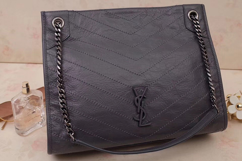 Saint Laurent YSL 577999 Niki Medium Shopping Bag in Dark Gray Crinkled Vintage Leather