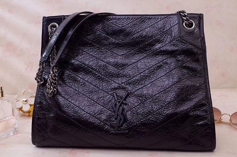 Saint Laurent YSL 577999 Niki Medium Shopping Bag in Black Crinkled Vintage Leather