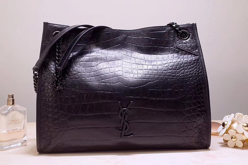 Saint Laurent YSL 577999 Niki Medium Shopping Bag in Blue Crocodile Embossed Crinkled Vintage Leather