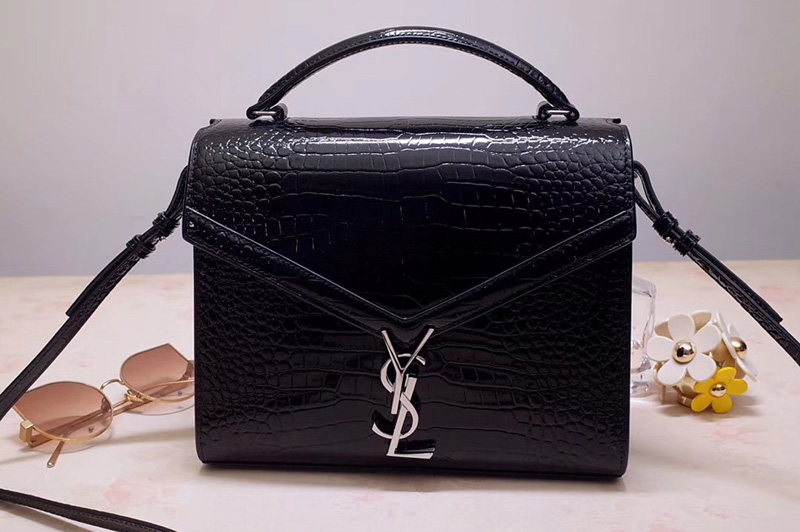 Saint Laurent YSL 578000 CASSANDRA Top Handle Medium Bags Black Shiny Crocodile Embossed Leather