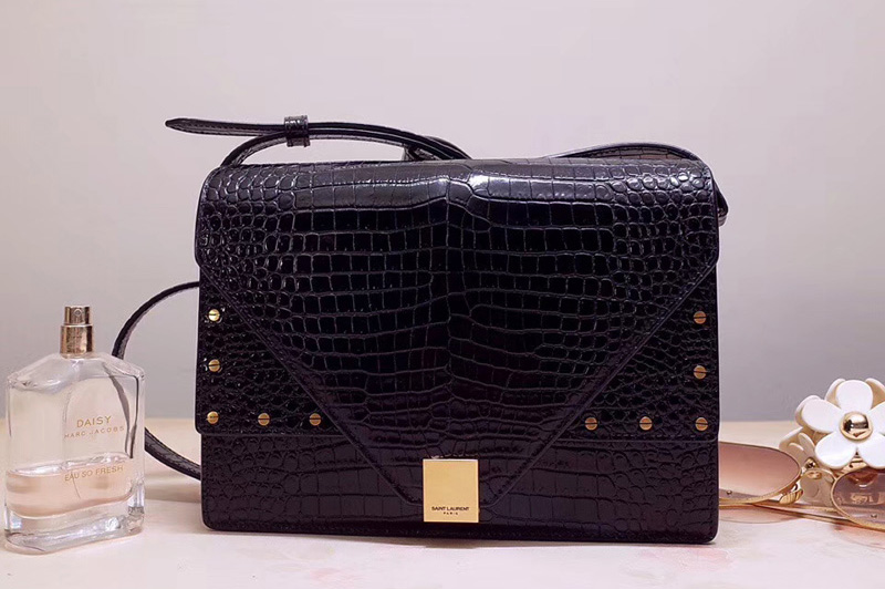 Saint Laurent YSL 578056 MARGAUX satchel Bags in Black crocodile embossed shiny leather