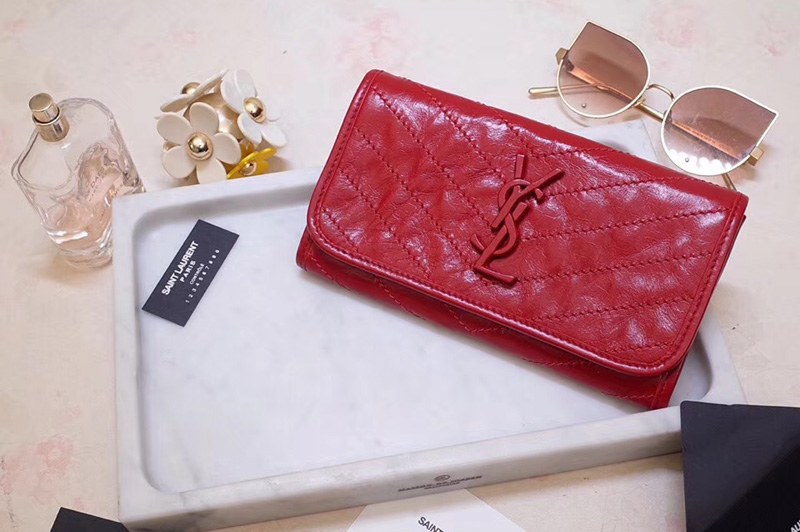 Saint Laurent YSL 583552 Niki Large Wallet in Red Crinkled Vintage Leather