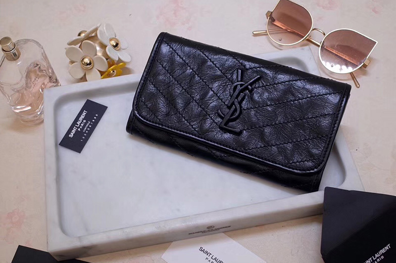 Saint Laurent YSL 583552 Niki Large Wallet in Black Crinkled Vintage Leather