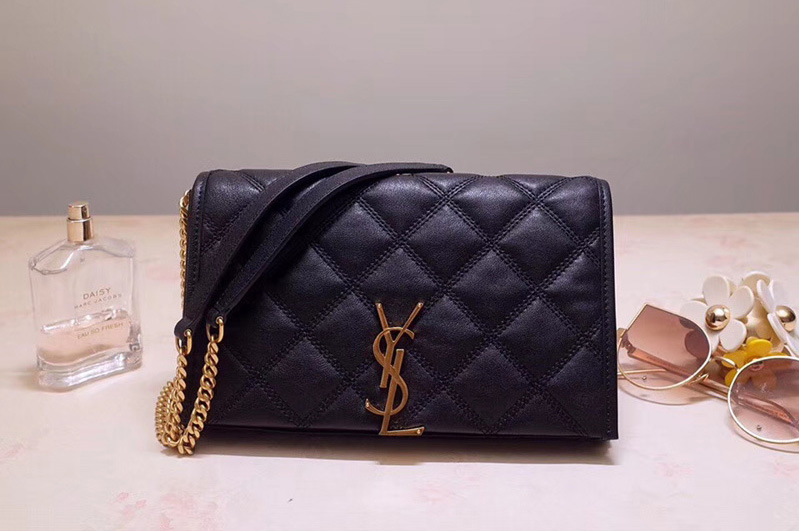 Saint Laurent YSL 585031 BECKY Chain Wallet In Black Diamond Quilted Lambskin Leather