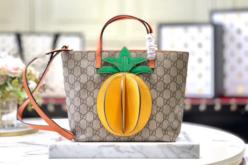 Gucci 580840 Children's GG tote Bags with pineapple Beige/ebony GG Supreme canvas