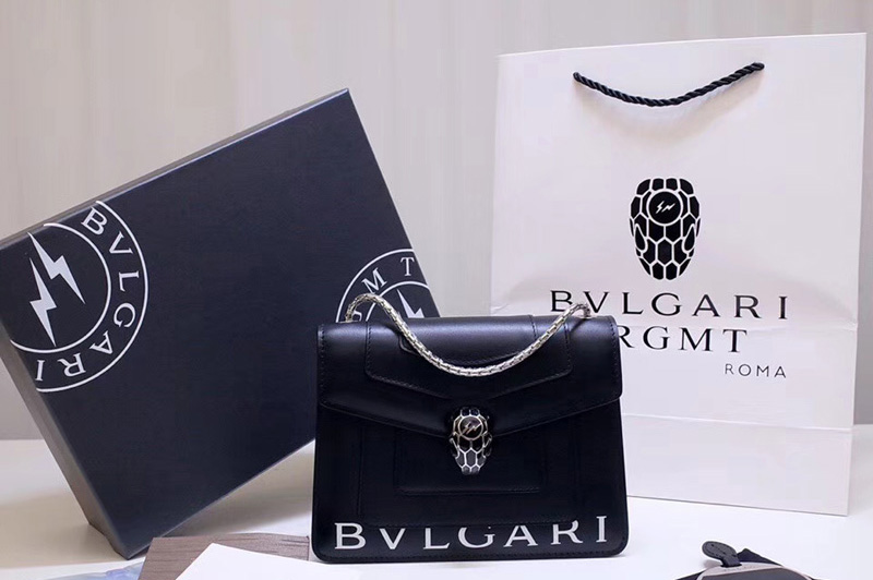 Bvlgari Serpenti Forever 61879 Flap Cover Bags Black Calf Leather With Bvlgari Print