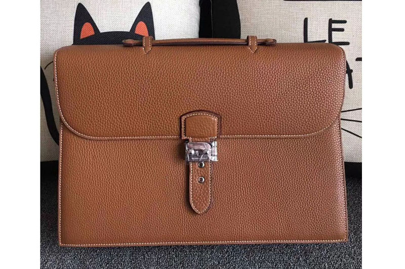 Mens Hermes 38cm Oiriginal Togo Leather Briefcases Bags Tan