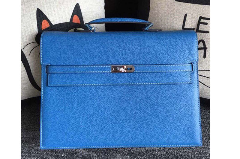 Hermes Kelly Depeche 37mm Briefcase Bags Oiriginal Togo Leather Blue