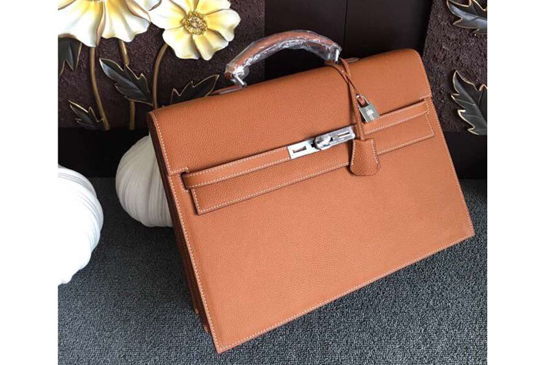 Hermes Kelly Depeche 37mm Briefcase Bags Oiriginal Togo Leather Brown