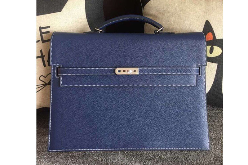 Hermes Kelly Depeche 37mm Briefcase Bags Oiriginal Togo Leather Royal Blue