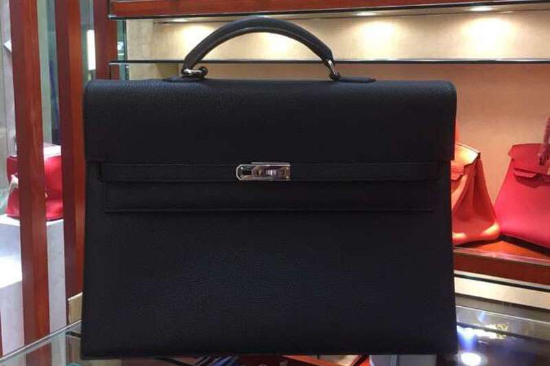 Hermes Kelly Depeche 37mm Briefcase Bags Oiriginal Togo Leather Black