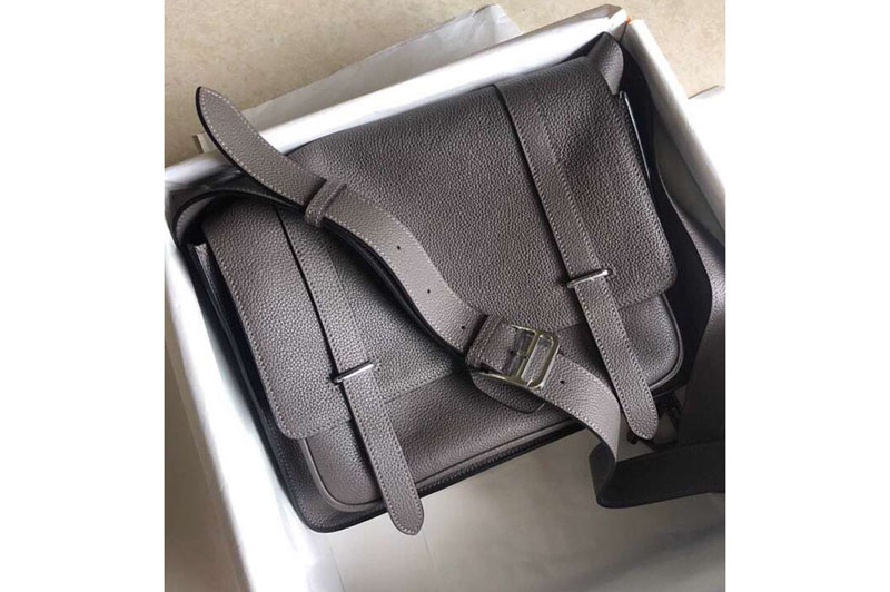 Mens Hermes Steve 32cm Messenger Bags Oiriginal Togo Leather Grey