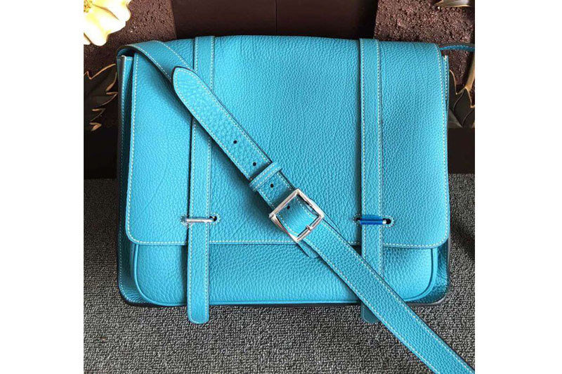Mens Hermes Steve 32cm Messenger Bags Oiriginal Togo Leather Light Blue