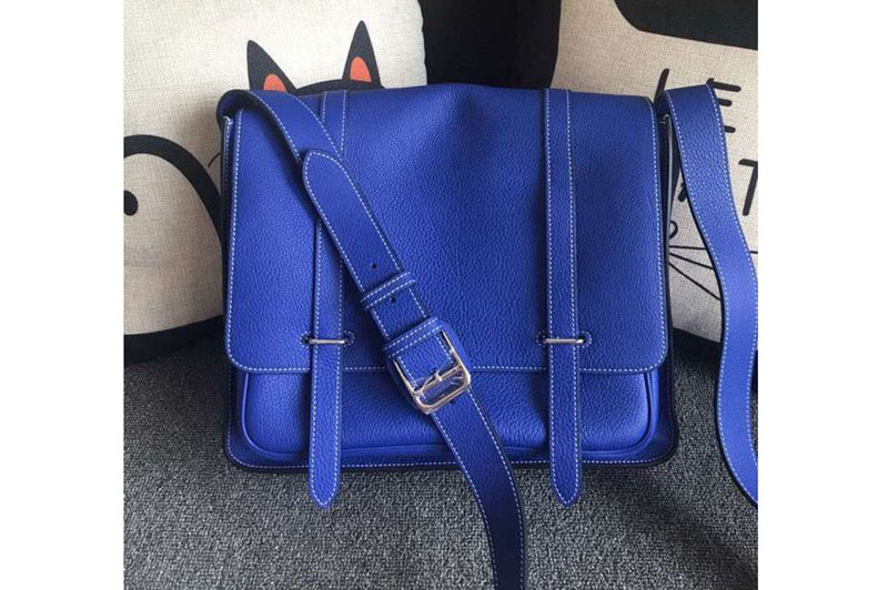 Mens Hermes Steve 32cm Messenger Bags Oiriginal Togo Leather Blue
