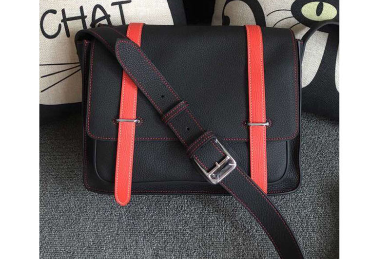 Mens Hermes Steve 32cm Messenger Bags Oiriginal Togo Leather Black And Red