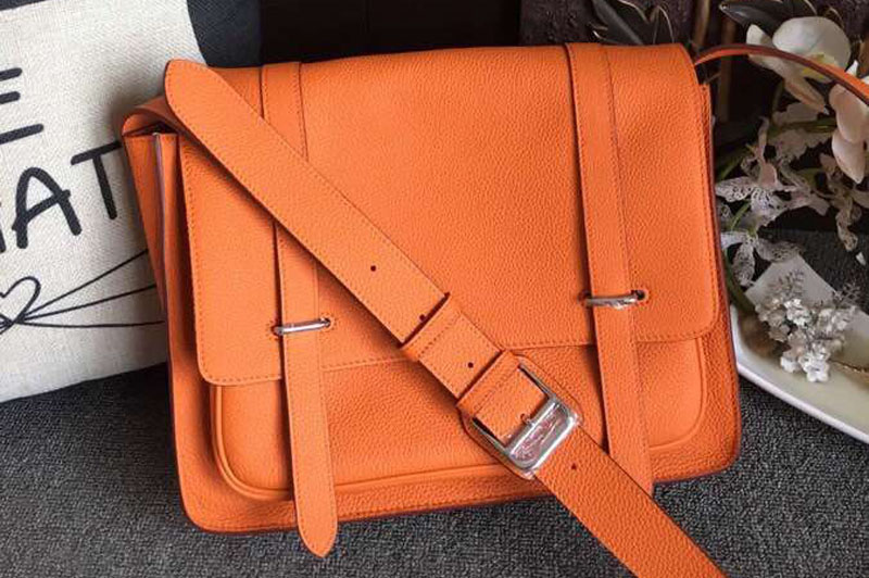 Mens Hermes Steve 32cm Messenger Bags Oiriginal Togo Leather Orange